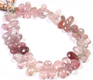 Cuentas Briolette facetadas de cuarzo rosa fresa natural 9-11mm corte de pera 9 hebras piedras preciosas sueltas Grado Superior fábrica Sudafricana - Product Image 1