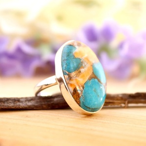 Handmade <b>Silver</b> Fine Jewelry <b>Ring</b> Dainty Copper Turquoise Gemstone Oval Cut Diamond Bezel Setting Perfect Wedding Gift for Her - Product Image 2