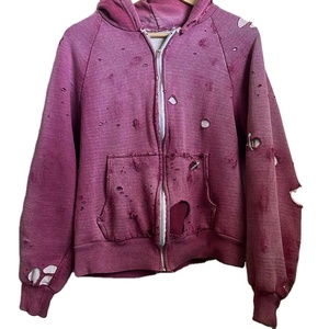 Coton antique blanc le sweat à capuche effet trou lourd fermeture éclair en détresse pantalons de survêtement et ensemble de sweat à capuche anti-rétrécissement lavé hommes - Product Image 1