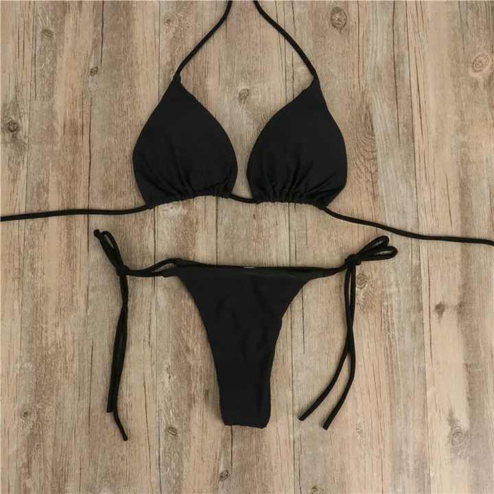 Sexy Women Thong Solid Color Bikini Set Side Halter Tie Swimsuit Ladies Split Strap Adjustable Swimwear Beachwear Quick Dry 2025