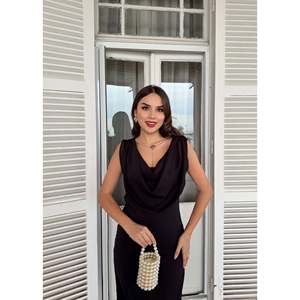 Vestido Maxi Elegante con Cuello Drapeado Azul para Mujer, Marca missJANELL, Mezcla de Poliéster y Elastano Tejido en Dubái, Silueta Larga en Línea A para Uso Diario - Product Image 5