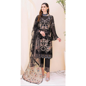Dernière robe de soirée trois pièces de créateur pour femmes brodée Salwar Kameez Dupatta dentelle bouton à paillettes OEM vente en gros solide personnalisé - Product Image 1