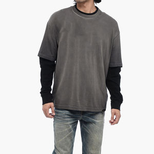 Camiseta holgada de 100% algodón para hombre, camiseta de manga larga con cuello simulado de doble capa, ropa de calle de alta calidad con estampado de patrón sólido - Product Image 5