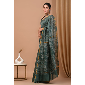 Pure Chanderi silk handloom saree with Bagru <b>block</b> print for festivals Vintage handblock print Bagru Chanderi silk saree - Product Image 1