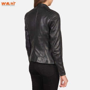 Veste en cuir de vachette véritable pour femmes élégantes Noir Slim Fit Moto Design Zip Respirant WearHit Casual Outerwear Coat Solid - Product Image 4