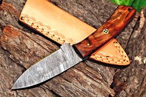 Couteau de bushcraft de chasse de camping à lame fixe en acier damas sur mesure avec manche en palissandre et couverture en cuir Support OEM - Product Image 3