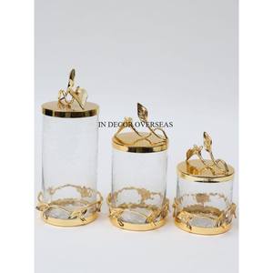 Elegant Look High Grade Gold Plated Metal Unique Designer Clear <b>Glass</b> Bakhoor & Other Items <b>Storage</b> Canister With Marble Top Lid - Product Image 4
