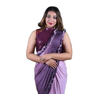 ผ้าไหมไลคร่าซาตินคุณภาพดีสวยงาม พร้อมสำหรับการสวมใส่เป็นส่าหรี พร้อมเสื้อปักเลื่อมแบบซาร่า - Product Image 1