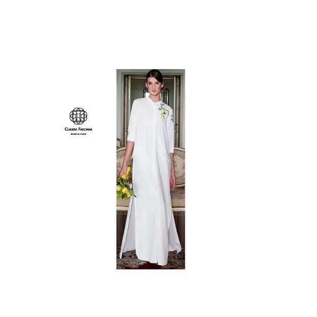 Made in Italy Elegantes weißes langes Kleid mit originaler Stickerei aus Zitronen für Frauen und minimalen einfachen Bräuten
