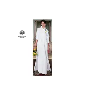Gaun panjang putih elegan buatan Italia dengan bordir lemon asli untuk wanita dan pengantin sederhana minimal