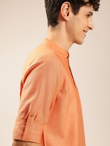 Hommes rayures tissées design zari pathani couleur orange solide col mandarin court kurta polyester viscose manches longues pour hommes - Product Image 5