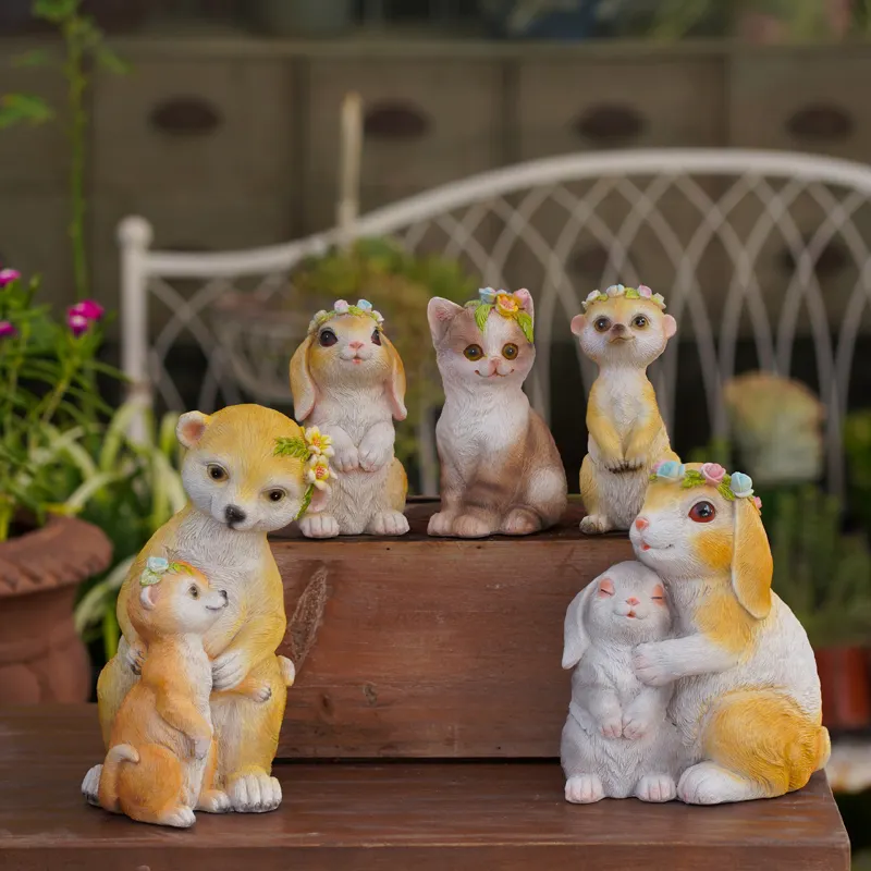 クリエイティブガーデンデコレーション置物ウサギ樹脂ヨーロッパの手描きの置物で飾られたかわいい猫とアライグマの漫画