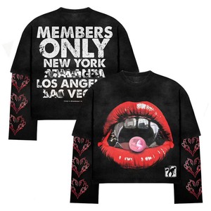 Women double layer shirt GSM premium cotton polyester black <b>red</b> graphic lips print panel sleeve custom logo Double Layer Shirt - Product Image 1