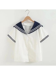 Haute qualité 100% coton Blouse Mori filles été JK col marin à manches courtes blanc bleu marine Blouses école uniforme haut - Product Image 2