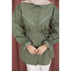 Khaki Lace-up Shirt <b>Fringe</b> Detail Poplin Cotton Khaki Women's <b>Tops</b> Ruffled Collar Button Casual Loose XS XL for Summer - Product Image 5
