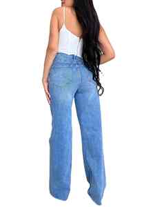 Pantalon en jean décontracté pour femme, taille haute, vintage, respirant, patchwork, uni - Product Image 5