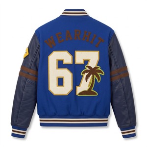 Fabricante de Chaquetas Varsity: Chaqueta Corta con Números Grandes, Lana Cobalto, Mangas de Cuero Azul Marino, Bordado de Palmera en Chenille, Estilo Letterman, OEM - Product Image 2