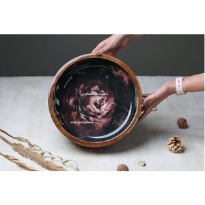 Nouveauté 2024 bois d'acacia de haute qualité avec impression d'émail floral noir bol à salade design bol de service en bois bol de forme ronde - Product Image 5