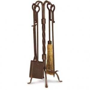 Brushed iron <b>fire</b> <b>tools</b> set with rustic texture and stable holder ideal for log <b>fires</b> and wood burning stove corners - Product Image 5