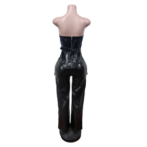 Nuovi Arrivi 2026: <span class=keywords><strong>Tuta</strong></span> Intera in <span class=keywords><strong>Pelle</strong></span> PU per Donne, Senza Spalline, con <span class=keywords><strong>Pantaloni</strong></span> Dritti e Tasche Cargo, Outfit Autunnale - Product Image 4
