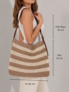 Bolso de hombro tejido para mujer con correa de cuero, bolso tote de punto elegante e informal, bolso de ganchillo a la moda - Product Image 4