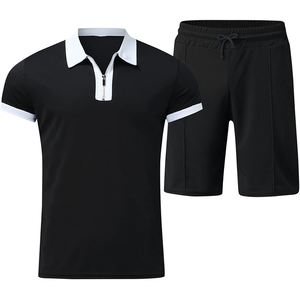 Conjunto de pantalones cortos tipo polo con ribete en contraste para hombre, conjunto informal de dos piezas con cuello de cremallera para verano, ropa de calle y salón - Product Image 1