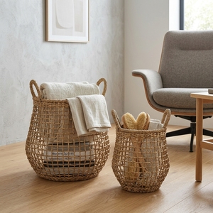 Natural Hand Woven Banana Bark Storage Basket Set Open Grid Mesh Belly Pot Planter Pure Art Arch Handle Decor Setup Room Design - Product Image 5