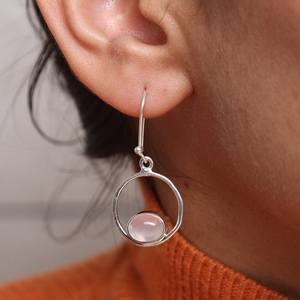 Natural Pink Rose Quartz Oval Cabochon Bezel Setting Circle Design Solid 925 Sterling <b>Silver</b> <b>Dangle</b> Drop <b>Earring</b> For Girls - Product Image 2