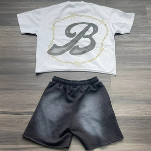 เซ็ตเสื้อยืดลำลองของผู้ชาย2025กางเกงขาสั้นผ้าฝ้ายฟอกสีกรดระบายอากาศได้กำหนดโลโก้ได้เองชุดฤดูร้อน - Product Image 4