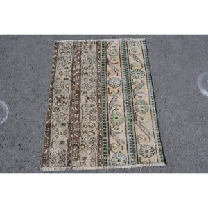 พรมปูพื้นสไตล์ตุรกีโบราณขนสัตว์3.4ft เบจและน้ำตาล2.6ชิ้นแบบดั้งเดิมการเย็บปะติดปะต่อกันทรงสี่เหลี่ยมผืนผ้าขนาดใหญ่ดีไซน์สำหรับห้องโถงห้องยางพาราด้านหลัง - Product Image 1