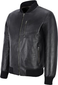Blouson aviateur en cuir noir pour homme, col montant, fermeture éclair, style décontracté, pour motard, automne - Product Image 3