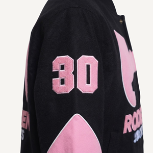 Custom Pink & Black Unisex Oversized Racer/<b>Bomber</b>/Streetwear <b>Jacket</b> Embroidered Patch % Cotton Quick Dry Breathable Plus Size - Product Image 6