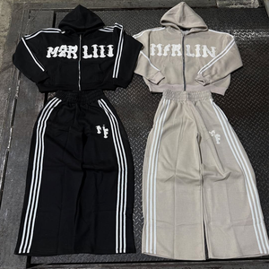 Ensemble de pantalons de survêtement à capuche zippés avec broderie en détresse personnalisée Survêtement pour hommes Survêtement lavé à l'acide avec strass et effet soleil - Product Image 1