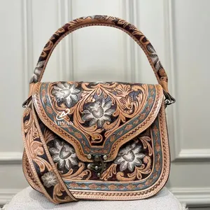 New Designer Western Handcraft Tooled Leather Handbag Hot Sale Real Genuine Leather Compact Women High Quality Unique Hand Purse