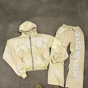 Chándales Vintage Sun Faded Hoodie Pantalones acampanados personalizados Chándal bordado desgastado Conjunto de joggers térmicos de color sólido para hombre - Product Image 2