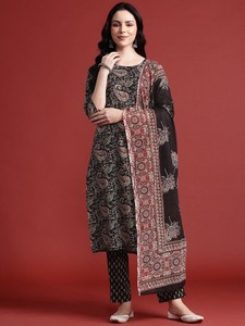 Mujeres Paisley Print puro algodón negro Kurta con pantalones y Dupatta indio pakistaní salwaar kameez traje - Product Image 2