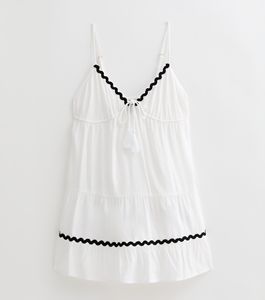 เดรสสั้นสีขาวแบบลำลองของผู้หญิงทำอินเดียเดรสขอบสีดำแต่งพู่มีระบายตกแต่งลูกไม้เป็นมิตรต่อสิ่งแวดล้อมย้อมธรรมดา - Product Image 5