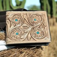 Dompet Kulit Sapi Motif Hewan Buatan Tangan Gaya Barat untuk Pria, Model Pendek, Anti RFID, Penutup, Lapisan Nilon Tahan Lama, ABC Global