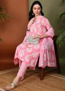 Tenue pour femme en coton, imprimé Buta, Kurta coupe trapèze avec pantalon à bas élastique et dupatta, longueur mollet, col en V, manches trois quarts, rose - Product Image 2