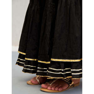 Black Mulmul Gota <b>Skirt</b> <b>with</b> <b>Elastic</b> <b>Waist</b> Breathable Corduroy Formal Work Style - Product Image 5