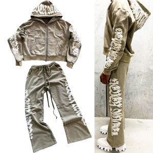 OEM personalizado hombres Jogger conjuntos Vintage algodón ácido lavado chándal bordado acampanado pantalones de chándal y Zip up Sudadera con capucha conjunto - Product Image 1