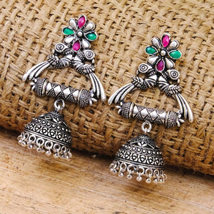 Best Selling Oxidised Silver Plated Crystal <b>Studded</b> Peacock Jhumka <b>Earrings</b> for Women <b>Girls</b> Stylish Fashion Jewelry - Product Image 1