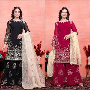 Top rouge pour femmes-Palazzo Collection Faux Georgette Fabrics With Embroidery Sequins Work For Women - Product Image 6