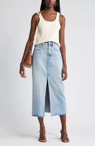 Jupe en jean 100% coton taille haute jupe décontractée mi-longue bouton fente irrégulière lavé mode jupes en jean pour femmes vente en gros - Product Image 2