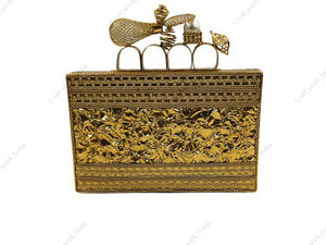 Handcrafted <b>Gold</b> Metal Floral Grid <b>Clutch</b> with Ornate Knuckle Handle Luxury Designer Statement Party Evening Handbag bridal <b>bag</b> - Product Image 4