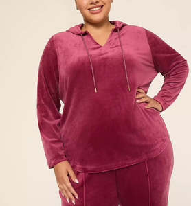 Stylish Ladies <b>Plus</b> <b>Size</b> <b>Velour</b> <b>Tracksuit</b> Elegant V Neck Top With Elastic Waist Pants Breathable Fabrics Fashion Hoodie Set - Product Image 2