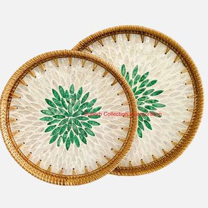 Ensemble de plateau de service en rotin tissé avec poignées en mosaïque verte plateau en osier rond décoratif pour la Table de cuisine à la maison et le service de fête - Product Image 6