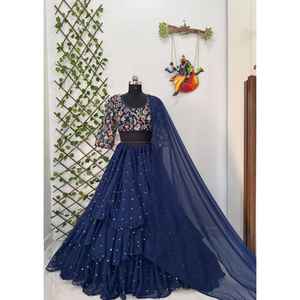 Eleva tu estilo étnico Este moderno conjunto de Lehenga Choli reversible azul marino hecho a mano de tela Georgette Premium para fiesta - Product Image 6