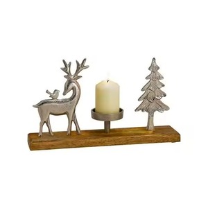 Portavelas decorativo de Navidad Portavelas de luz de té Portavelas de Reno de metal plateado con base de madera - Product Image 6