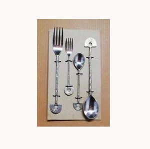 Stainless Steel Silver Polished Western Style <b>Cutlery</b> <b>Set</b> With <b>Gold</b> Ribbed Rainbow End Handle Unique and Stylish <b>Cutlery</b> <b>Set</b> - Product Image 1